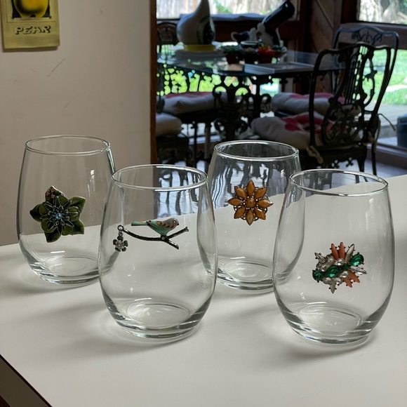 Hand crafted stemless wine glass vintage jewelry embellished crystal enamel - Picture 2 of 7